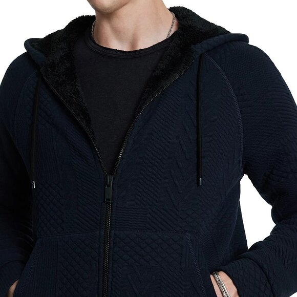 John Varvatos Men's Trenton Jacquard Textured Zip Front Hoodie Sherpa Lined Navy - Picture 4 of 7